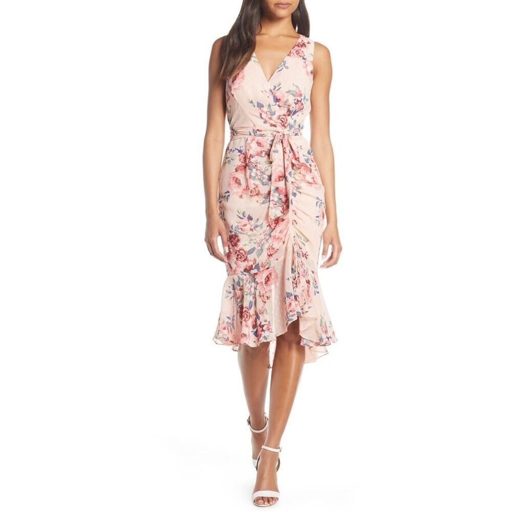 Eliza J Sleeveless Flutter Hem Textured Midi Dress Women's 2 Pink Floral NWT